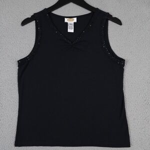 Vintage Talbots Tank Top Women MP Petite Black V Neck Rhinestone Trim Sleeveless